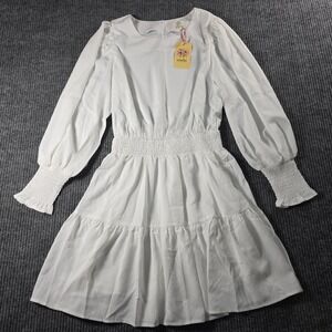 Entro White Long Sleeve Smocked Waist Tiered Mini Dress Small NEW
